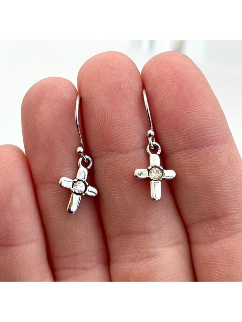 Cross Shaped Clear Cubic Zirconia Gemstone 925 Sterling Silver Vintage Earrings - Picture 4 of 5